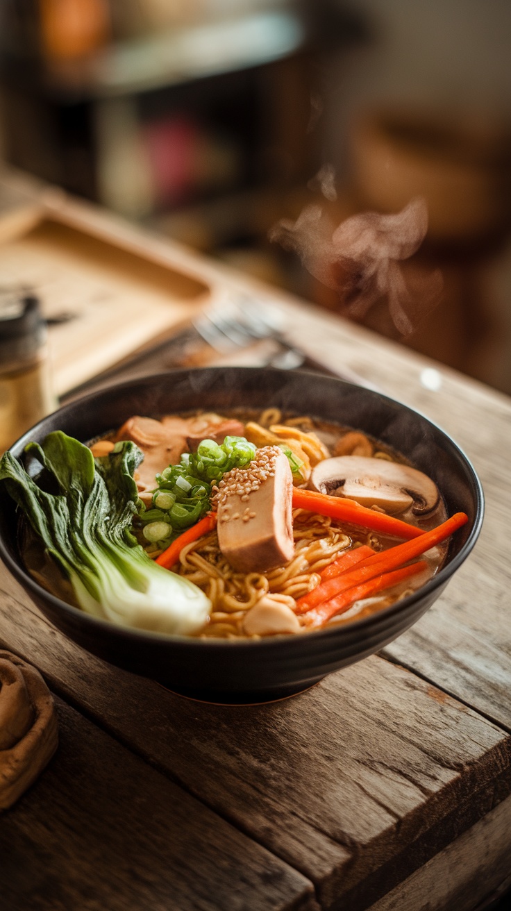 A hearty bowl of vegan ramen with mushrooms, bok choy, and carrots, topped with green onions and sesame seeds, on a rustic table.